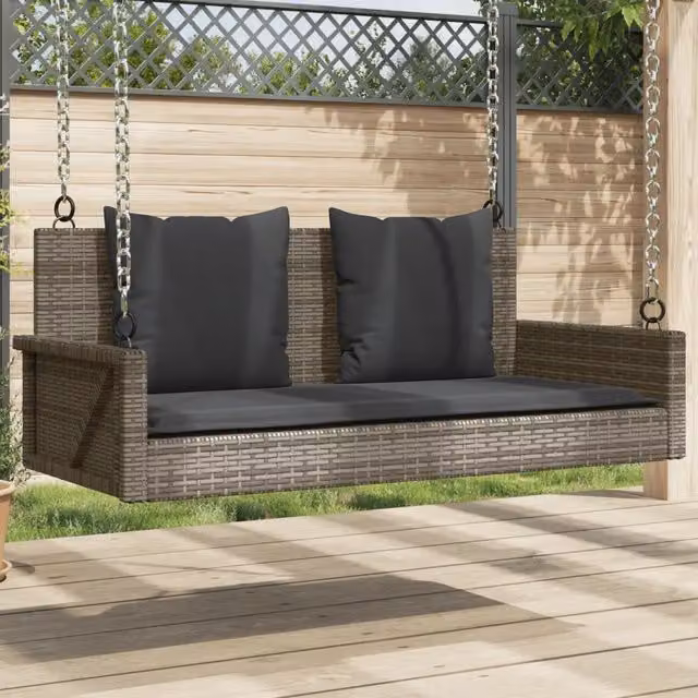 Panchina Dondolo Moderna vidaXL in Polyrattan Grigia con Cuscini L: 119 cm, P: 56 cm, H: 48 cm