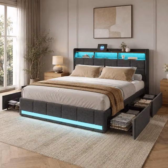 Letto matrimoniale 180x200 cm tessuto grigio, testiera contenitore con ricarica USB e USB-C, LED RGB APP telecomando, 4 cassetti estraibili