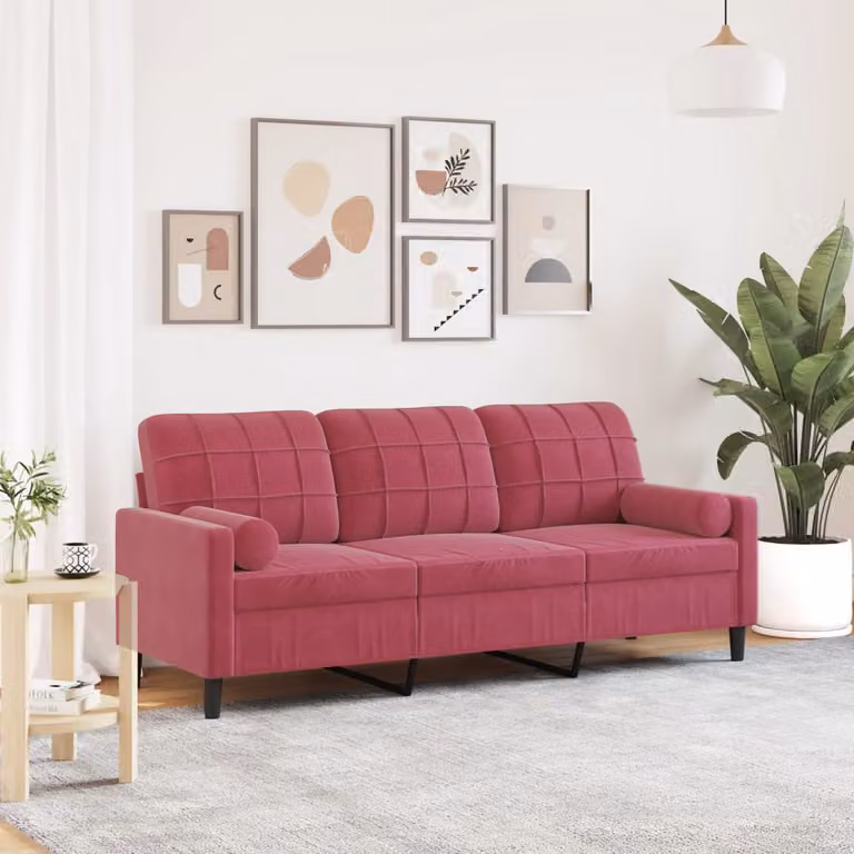 vidaXL Divano a 3 Posti Moderno in Velluto Rosso con Cuscini e Coperture Rimovibili L: 197 cm, P: 80 cm, H: 77 cm