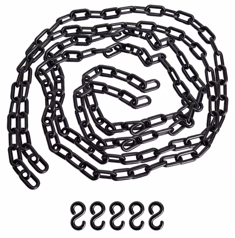 Catena di delimitazione in plastica, lunghezza 2 metri, con 5 ganci a forma di S, diametro 6 mm, colore nero
