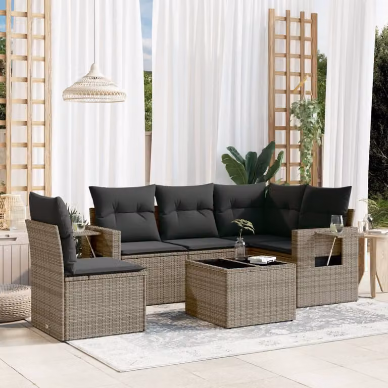 Set Divano da Giardino a L vidaXL in Polyrattan Grigio con 6 Pezzi e Cuscini Imbottiti