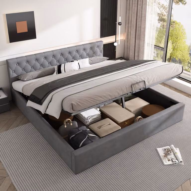 MODFU Letto matrimoniale idraulico con contenitore, 180x200 cm, imbottito con rete a doghe e spazio contenitivo, in velluto grigio (senza materasso)