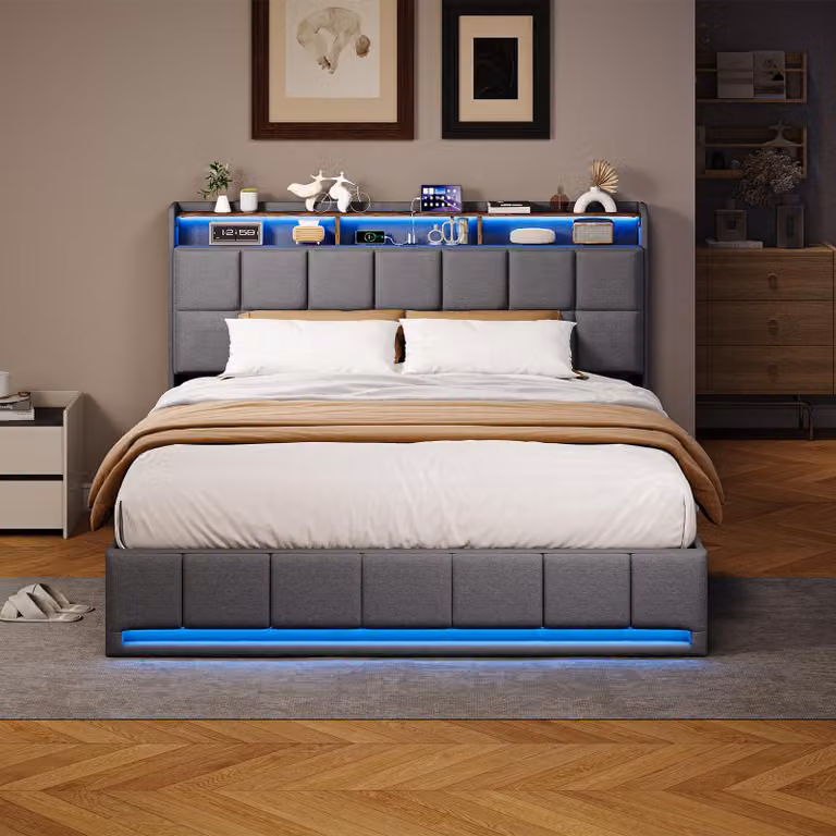 Letto imbottito ProximaX 160x200 cm in tessuto di lino grigio, letto boxspring, letto contenitore con illuminazione a LED e stazione di ricarica USB/Type-C