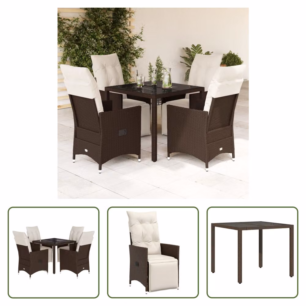 The Living Store Set bistrot da giardino 5 pezzi con cuscini in poly rattan marrone