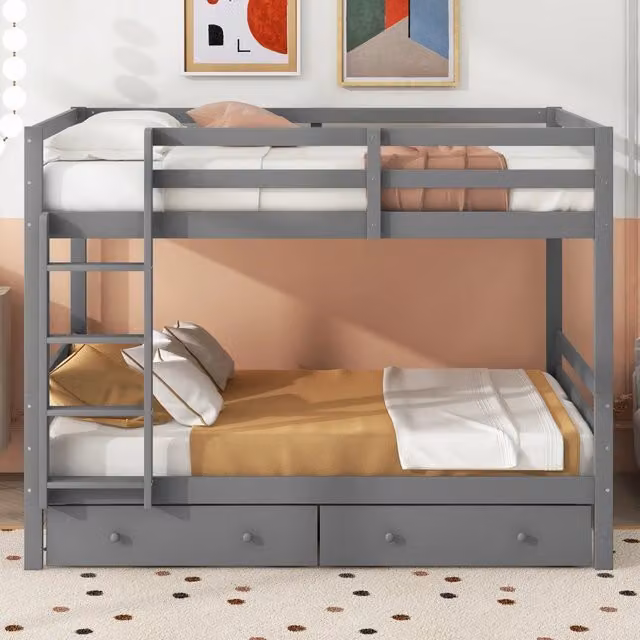 Letto a castello MIVRAY grigio con cassetti rimovibili e scala laterale in legno di pino e MDF, L/P/H: 204.5 x 140 x 145 cm – 1
