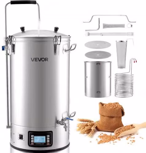 Sistema per produzione di birra VEVOR in acciaio inossidabile color argento, bollitore elettrico da 60 litri con modalità automatica e manuale e tubo di circolazione