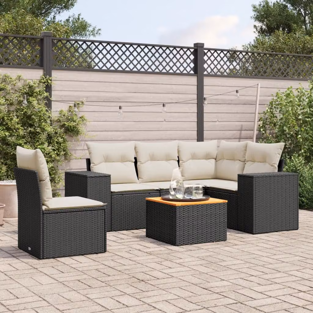 vidaXL Set Divano da Giardino a L in Polyrattan Nero con 6 Cuscini e Tavolino da Esterno – 1