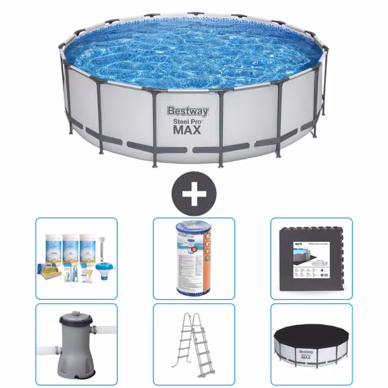 Piscina Bestway Round Steel Pro MAX - 457 x 122 cm - grigio - inclusa pompa - scala - pacchetto manutenzione copertura - filtro - piastrelle per il pavimento