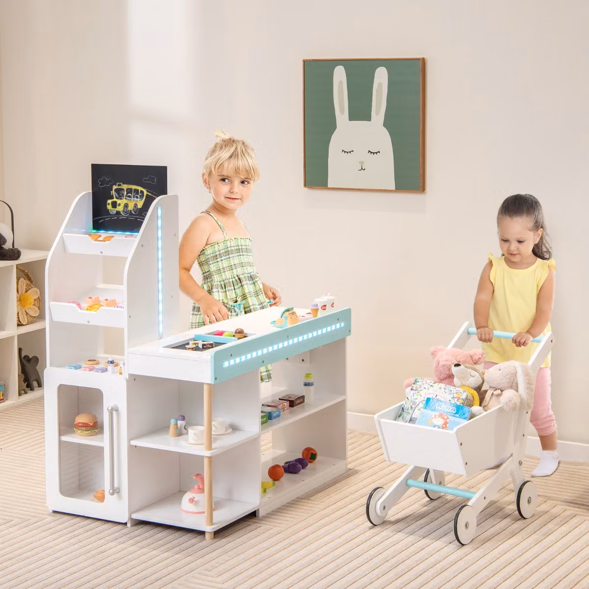 Set da supermercato in legno per bambini Costway con registratore di cassa e carrello della spesa, Bianco