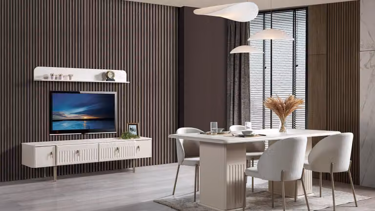 Mobile TV, tavolo da pranzo, 4 sedie, sala da pranzo, stile moderno, colore bianco, nuovo, pratico