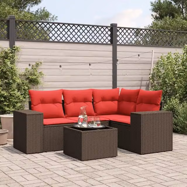 Set Divani da Giardino 5 pz con Cuscini Marrone in Polyrattan 3222523