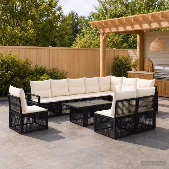 Set Divano da Giardino 11 pz Nero e Bianco Crema polyrattan 3437110