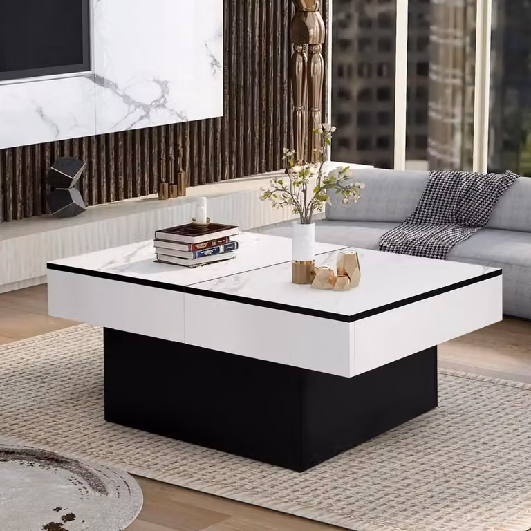 Tavolino da caffè estendibile, trasformabile in scrivania, per il soggiorno, dimensioni 129 x 58 x 40 cm, finitura effetto marmo bianco