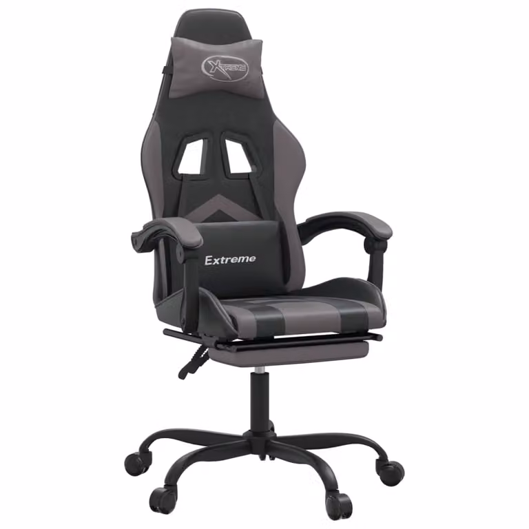 Sedia da Gaming Girevole Poggiapiedi Nero e Grigio Pelle finta