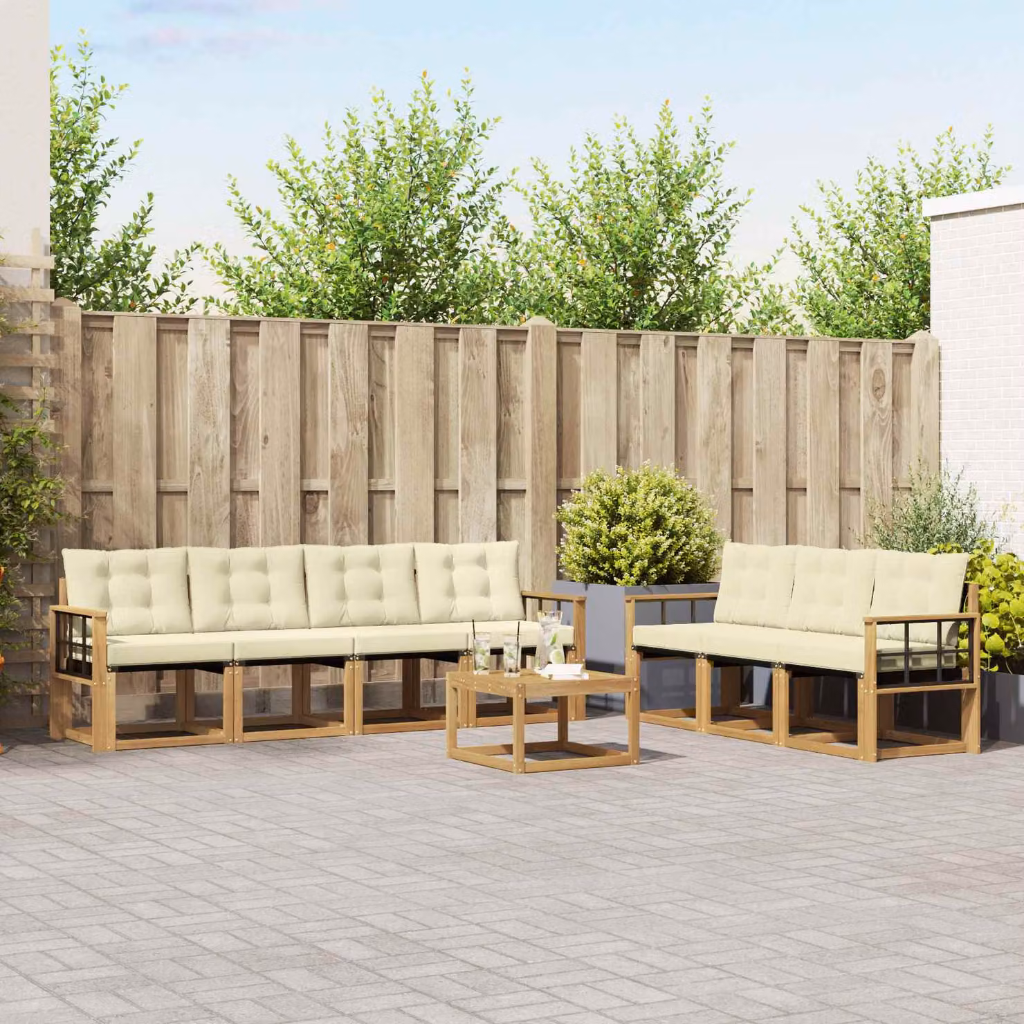 vidaXL Set di divani da esterno a forma di U composto da 8 pezzi in legno di acacia con cuscini, colore bianco, beige e marrone