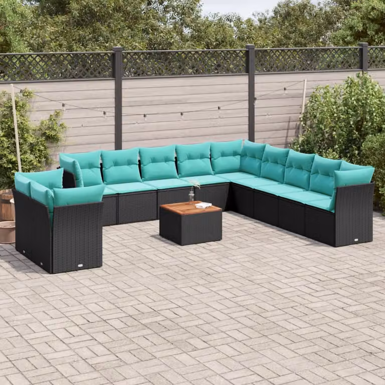 Set di divani da giardino vidaXL a forma di U in polyrattan nero con cuscini e tavolino da esterno