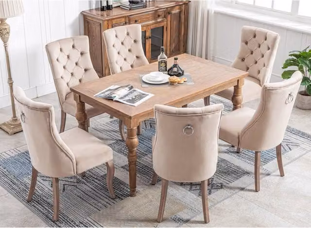 Sedia da pranzo set da 6 con schienale alto e capitonné in velluto con gambe in legno di gomma beige 97 × 51 × 47 cm