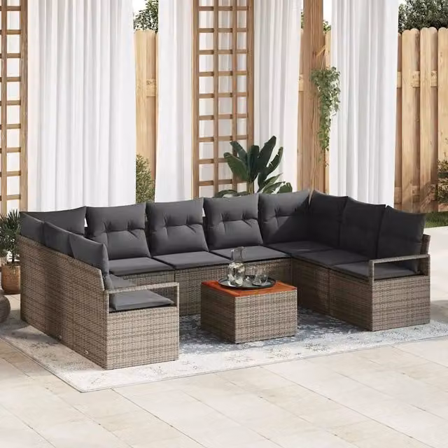 Set Divano da Giardino vidaXL a forma a U in Polyrattan Grigio con Cuscini e Tavolino