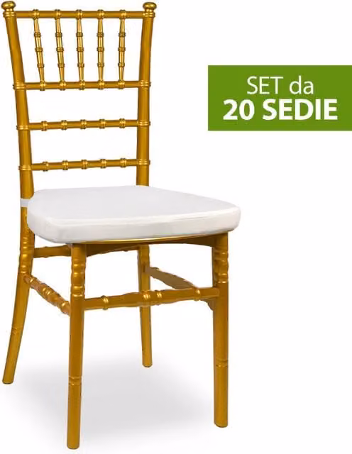 Set di 20 sedie Chiavarine Okaffarefatto in plastica gialla con cuscini bianchi antiscivolo impilabili