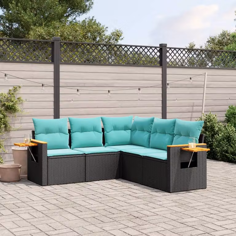 Set da giardino vidaXL a forma di L composto da 5 pezzi in polyrattan con cuscini e tavolino da esterno nero