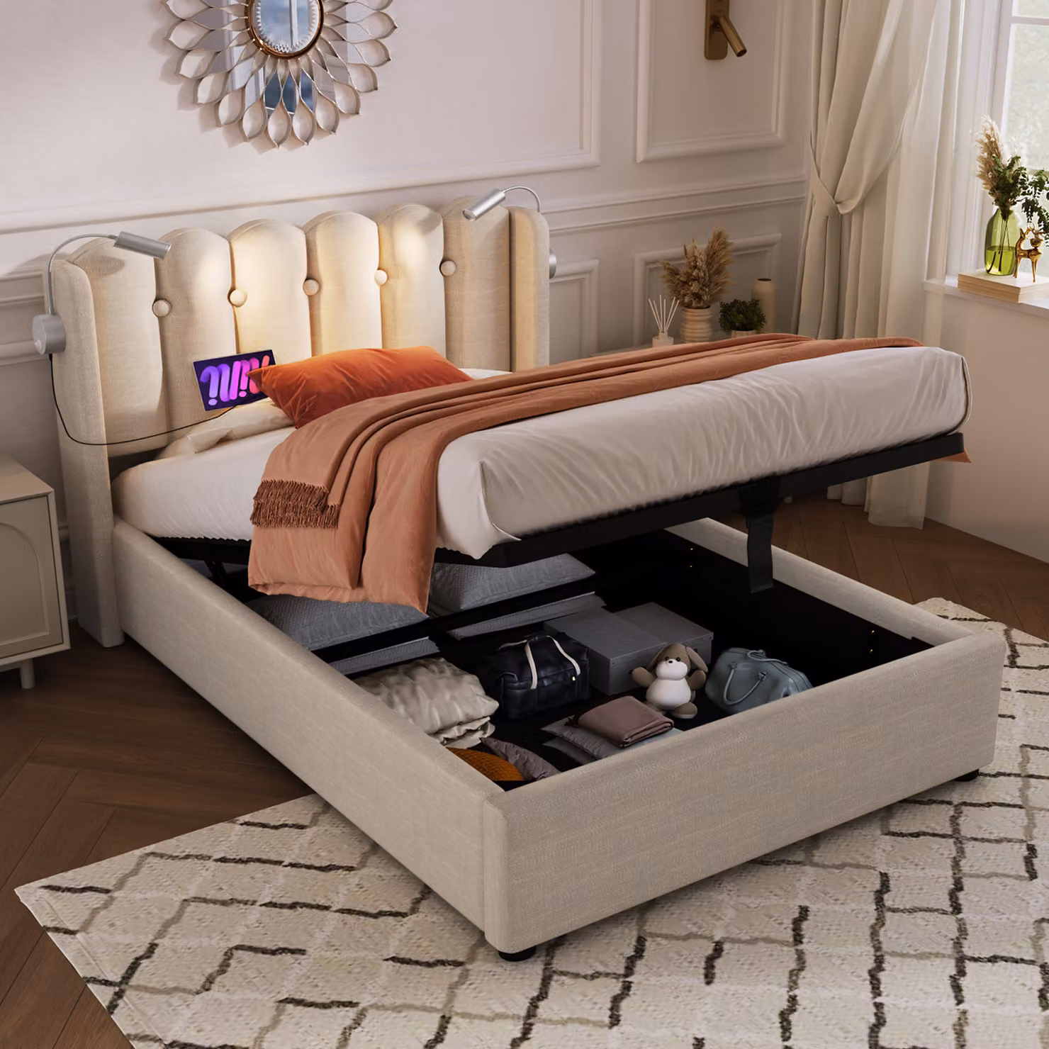 Letto imbottito Sweiko 90x200cm letto singolo luce di lettura con funzione di cassetto testiera spazio di archiviazione telaio del letto materiale di lino letto giovanile con rete a doghe, naturale