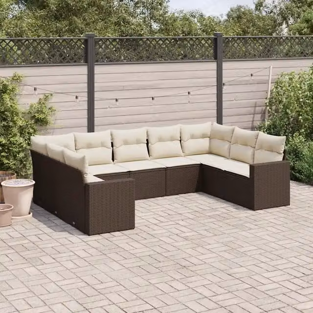 Set Divani da Giardino 9pz con Cuscini Marrone in Polyrattan 3219393