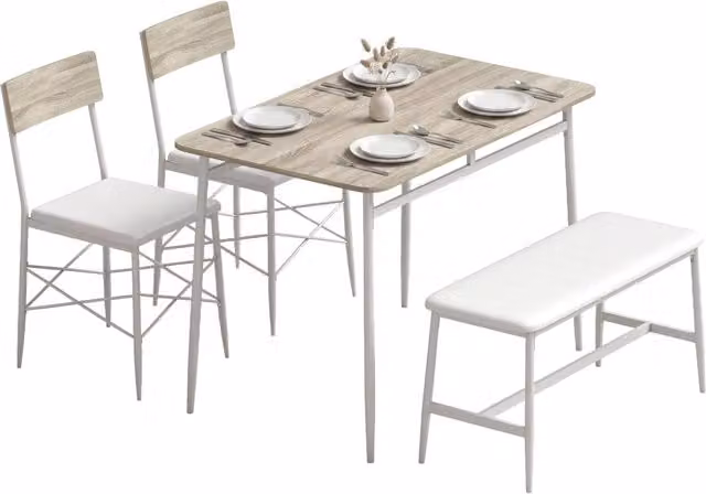 Set Tavolo da Pranzo con 2 Sedie e Panca, Sedute Imbottite Salvaspazio per Soggiorno e Cucina, Rovere e Bianco