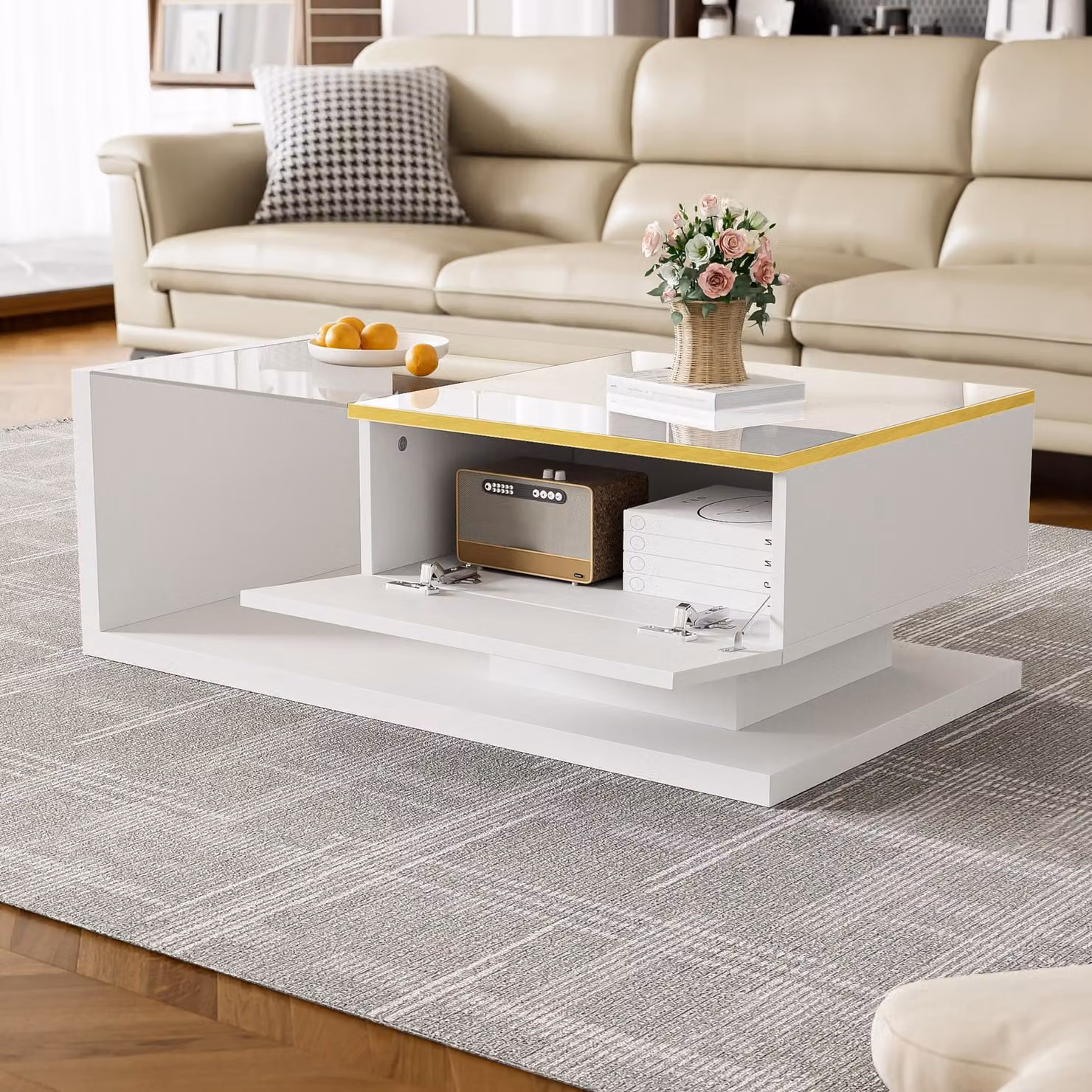 MODFU Moderno tavolino da 90 cm, tavolino da salotto, tavolino da divano con finitura lucida e design con piano in vetro, illuminazione a LED con 16 colori, ampio spazio di archiviazione, bianco