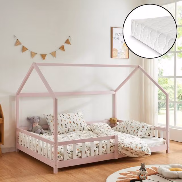 Letto Francese Hesel per Cameretta Forma di Casetta con Materasso 140 x 200 cm Rosa [en.casa]