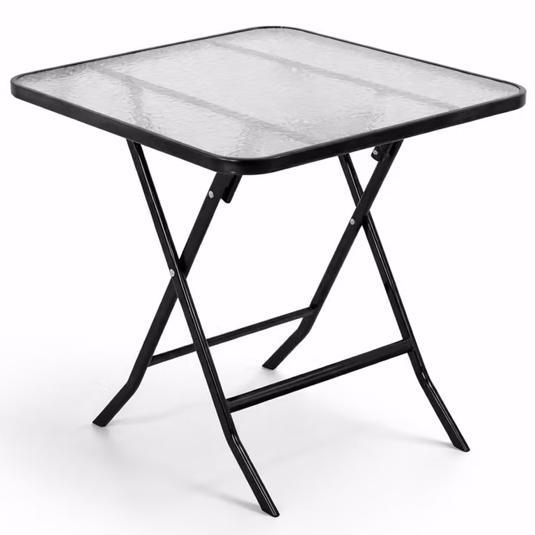 Tavolo Pieghevole Quadrato da Esterno 60x60x71cm con Struttura in Acciaio e Piano in Vetro Nero