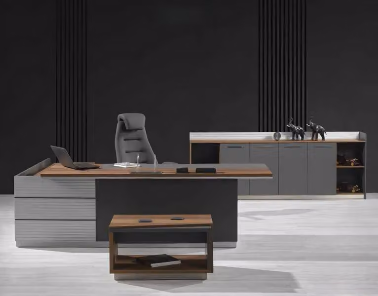 Arbeitszimmer Set Couchtisch Schreibtisch Sideboard Grau Büro Holzmöbel
