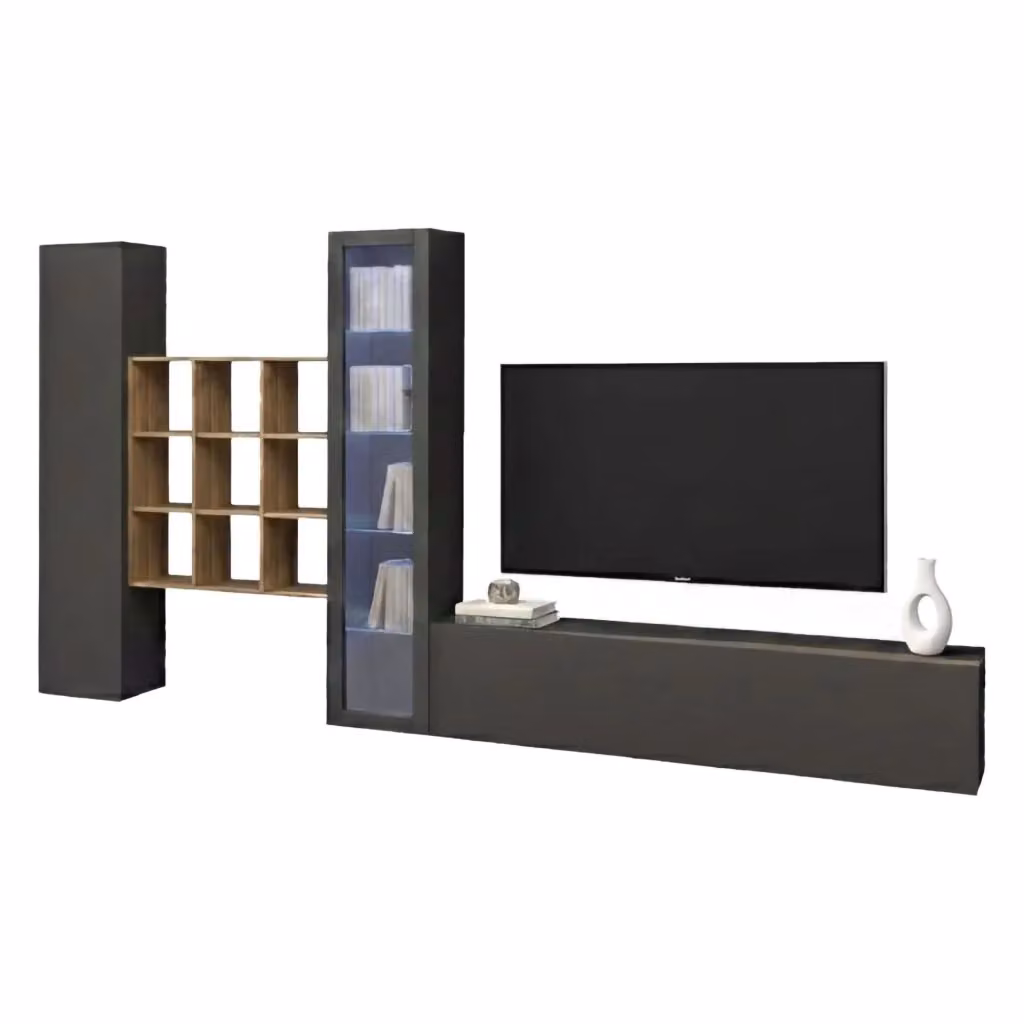 Parete Attrezzata DMORA Arizzano per Soggiorno, Design Moderno con 18 Ripiani e Illuminazione Integrata, L: 310 cm, P: 30 cm, H: 180 cm, Nero Antracite – 2