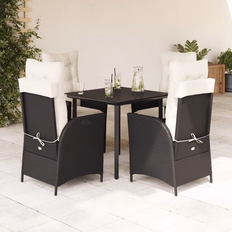 Set da Pranzo da Giardino vidaXL in Polyrattan Nero con Cuscini e Tavolo in Vetro