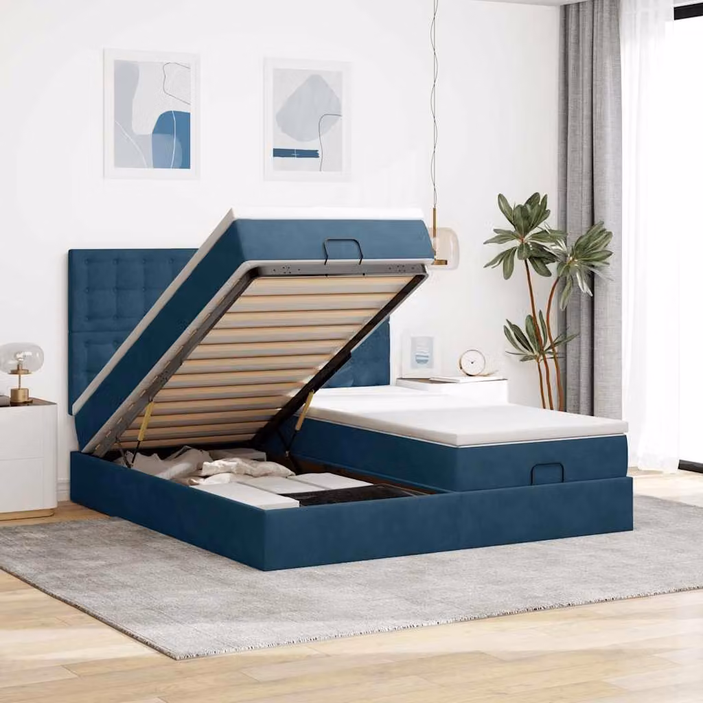 Letto con contenitore a sollevamento vidaXL in velluto blu e bianco con materasso, L: 200 cm, P: 160 cm, H: 128 cm