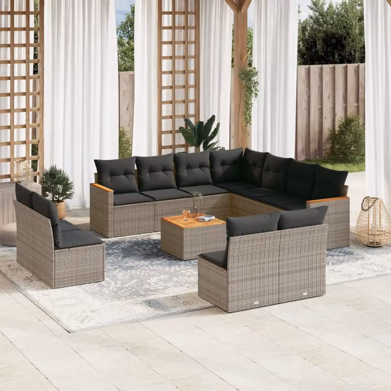 vidaXL Set Divani da Giardino a Forma di U con Cuscini Grigio in Polyrattan e Legno di Acacia