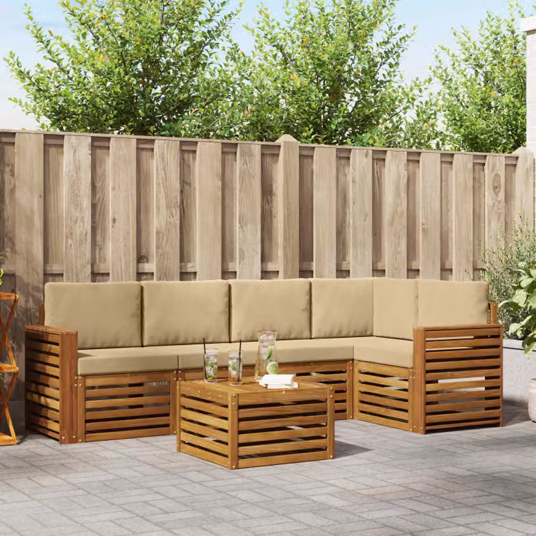 Set di divani da esterno vidaXL 6 pz in legno di acacia con tavolo da caffè e cuscini, colore beige e marrone