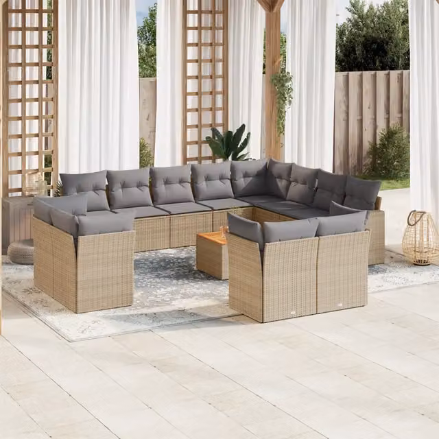 Set Divano da Giardino a L vidaXL in Polyrattan con Cuscini Beige e Grigio e Tavolino da Esterno 13 pz