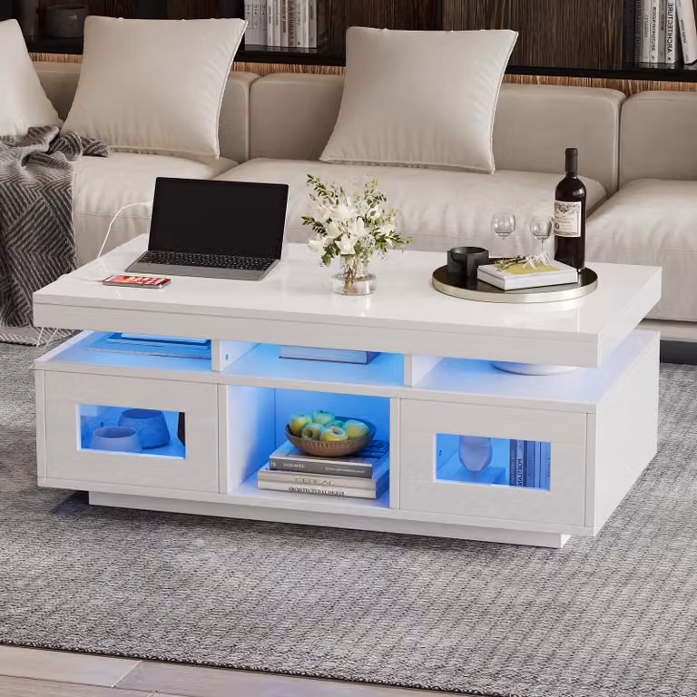 Tavolino Merax bianco lucido, 100x50x43cm, tavolino LED con controllo app, mobiletto, USB e presa, soggiorno/ufficio moderno