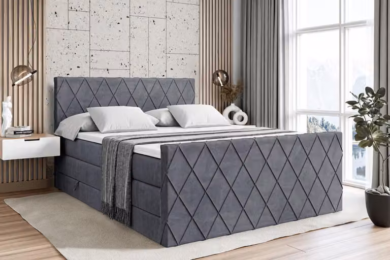 Letto boxspring ALTDECOR con materasso e rete a doghe - LEPARO -Z KING - 200x200 cm - Velluto grigio scuro - Topper, pediera, letto imbottito con contenitore, letto con contenitore H3 e H4 - Materasso, letto matrimoniale, letto boxspring