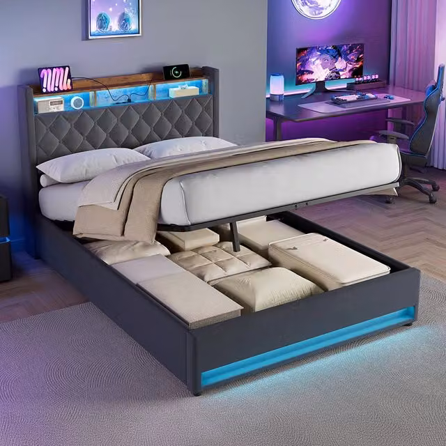 Letto imbottito idraulico 140 × 190 cm in velluto; letto per giovani letto matrimoniale con spazio contenitore; senza materasso; colore grigio