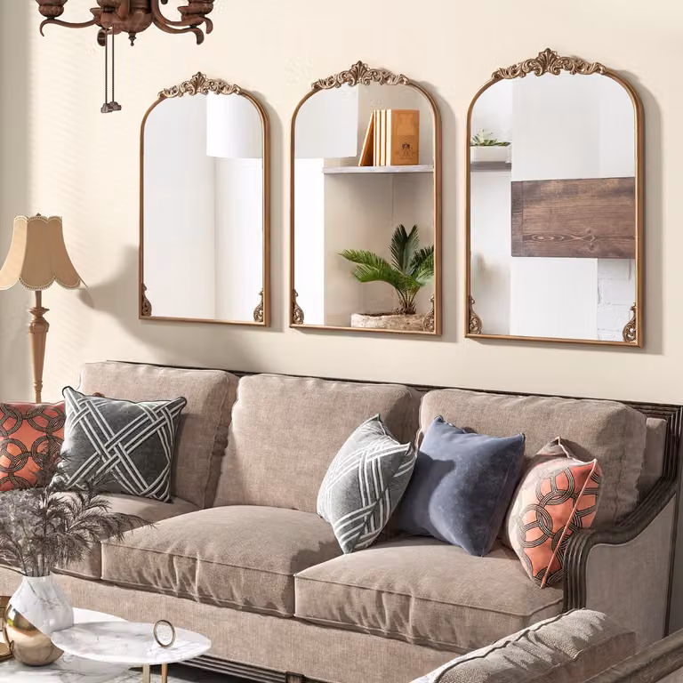 Specchio da parete ad arco barocco Costway in metallo dorato stile vintage e antico L: 90 cm, H: 61 cm