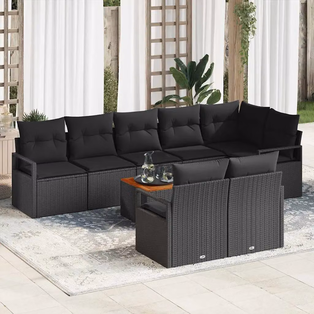 Set Divano da Giardino vidaXL 9 Pezzi Nero con Cuscini e Tavolino da Esterno in Polyrattan e Acciaio – 1