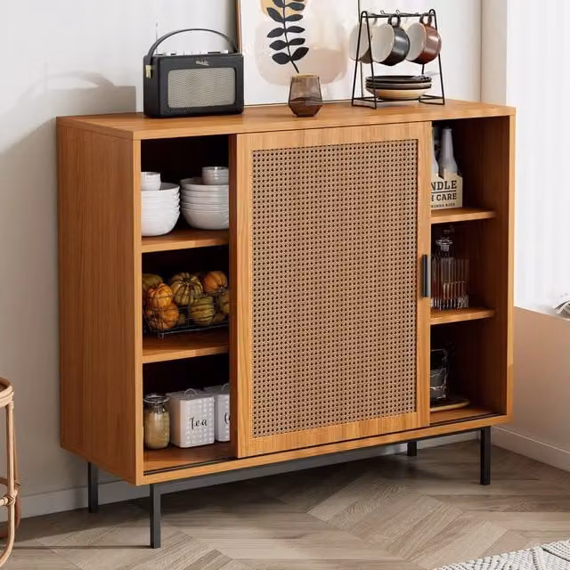 Credenza moderna in legno e rattan con ante scorrevoli e finitura opaca, colore marrone, L: 90 cm, P: 37 cm, H: 100 cm