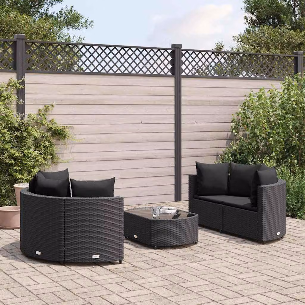 Set Divani da Giardino vidaXL 5 Pezzi a Forma di L con Tavolino in Vetro e Cuscini Neri