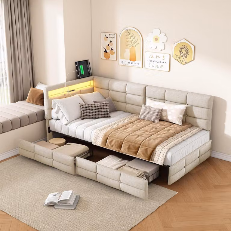Letto imbottito 90x200 cm, divano letto a forma di L con LED e USB, chaise longue con 2 cassetti, color beige