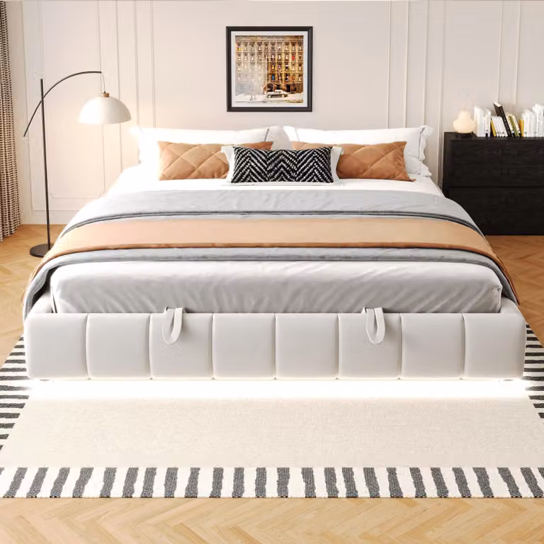 okwish Letto imbottito 180x200 Letto matrimoniale con materasso e guida LED, senza testata con rete flottante, Letto per bambini con rete a doghe e contenitore, Beige