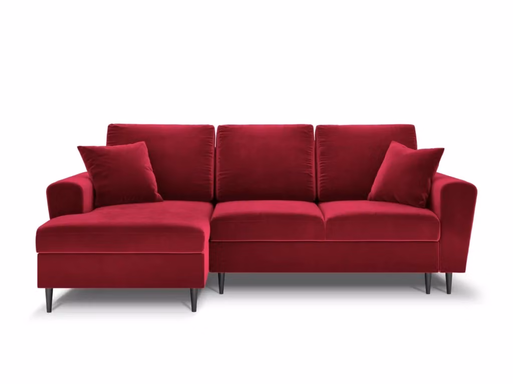 Divano angolare convertibile Kyoto di Cosmopolitan Design con contenitore, modello a 4 posti in velluto rosso, lato sinistro, L 241 cm x P 145 cm x H 88 cm – 2