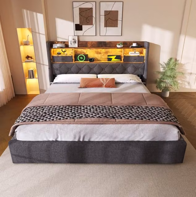Letto matrimoniale 140x200 cm con contenitore idraulico; LED; USB e Type-C; in tessuto lino grigio con materasso