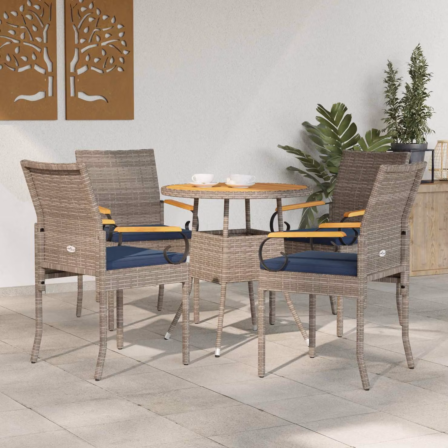 Set di 4 sedie da giardino vidaXL in polyrattan e legno di acacia con cuscini rimovibili, colori grigio e blu navy