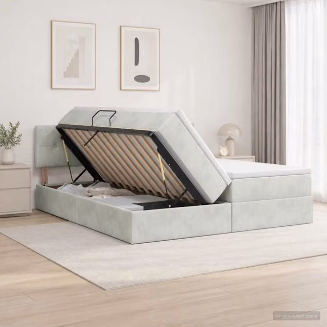 Letto con contenitore e testiera vidaXL in tessuto grigio e bianco L/P/H: 180 x 200 x 88 cm
